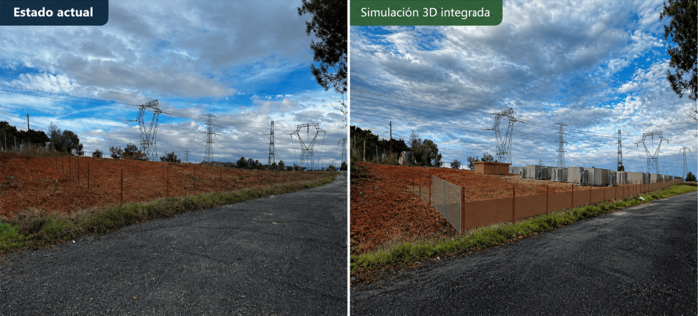Comparativa entre el estado actual del terreno y la simulacion 3D integrada del proyecto energetico 1371x622 1 - Simulaciones e integraciones 3D para proyectos de ingenier&iacute;a energ&eacute;tica
