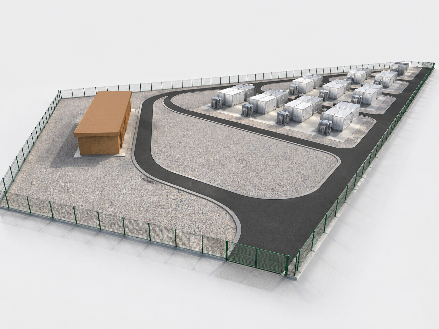 Modelado 3D de instalacion BESS con contenedores viales y vallado perimetral - Simulaciones e integraciones 3D para proyectos de ingenier&iacute;a energ&eacute;tica