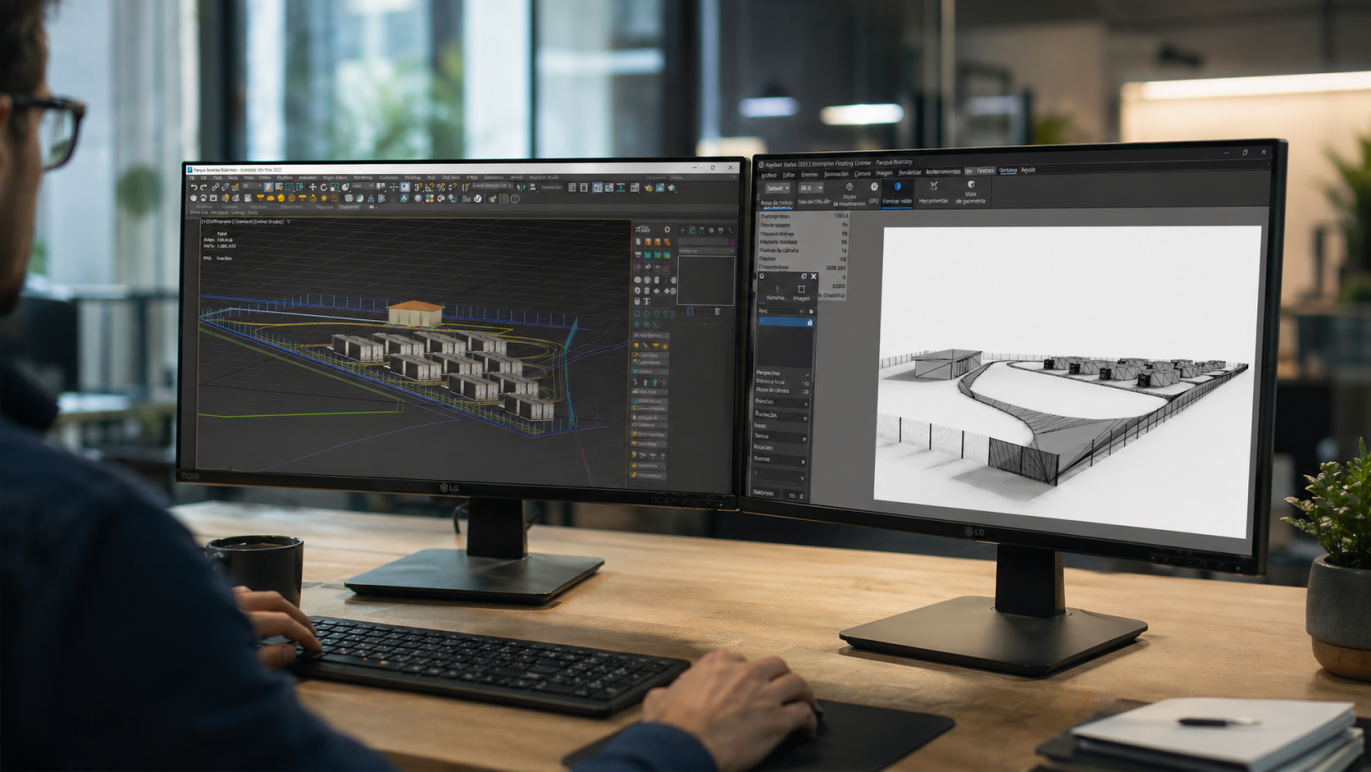 Simulacion 3D de una instalacion BESS integrada en un entorno real 1371x772 - Simulaciones e integraciones 3D para proyectos de ingenier&iacute;a energ&eacute;tica